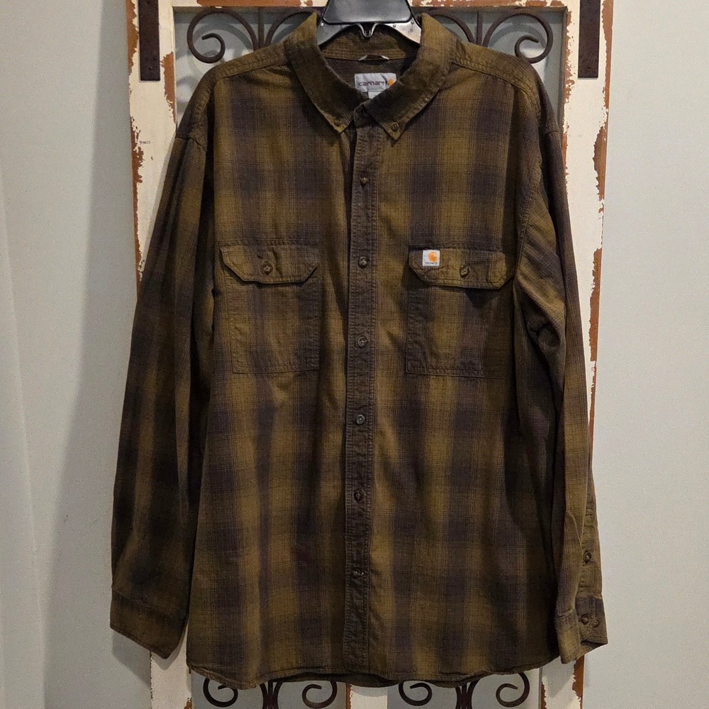 Carhartt Mens 2XL Relaxed Fit Plaid Long Sleeve Button Down Shirt Green Brown